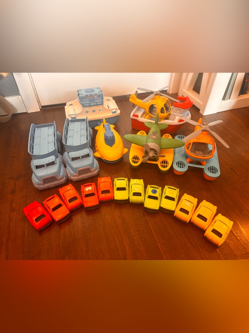Lot green toys cars planes and boats